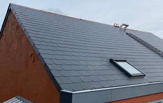 toiture en ardoises avec fenêtre et échelle